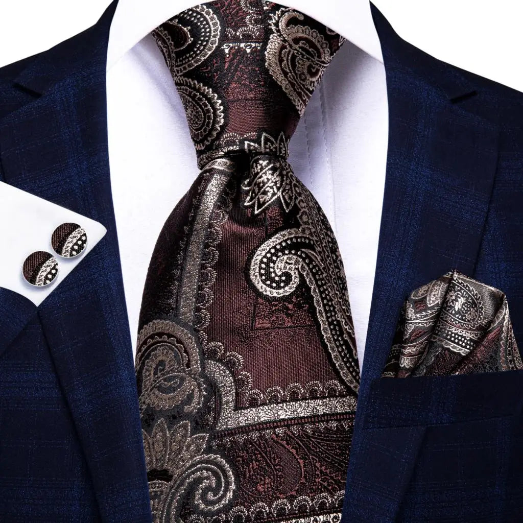 Hi-Tie Red Pureple Paisley Mens Ties Hanky Cufflinks Set Silk Necktie For Men Wedding Party Business 2022 New Fashion Brand