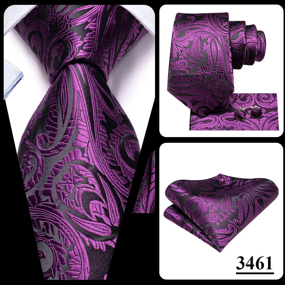 Hi-Tie Red Pureple Paisley Mens Ties Hanky Cufflinks Set Silk Necktie For Men Wedding Party Business 2022 New Fashion Brand