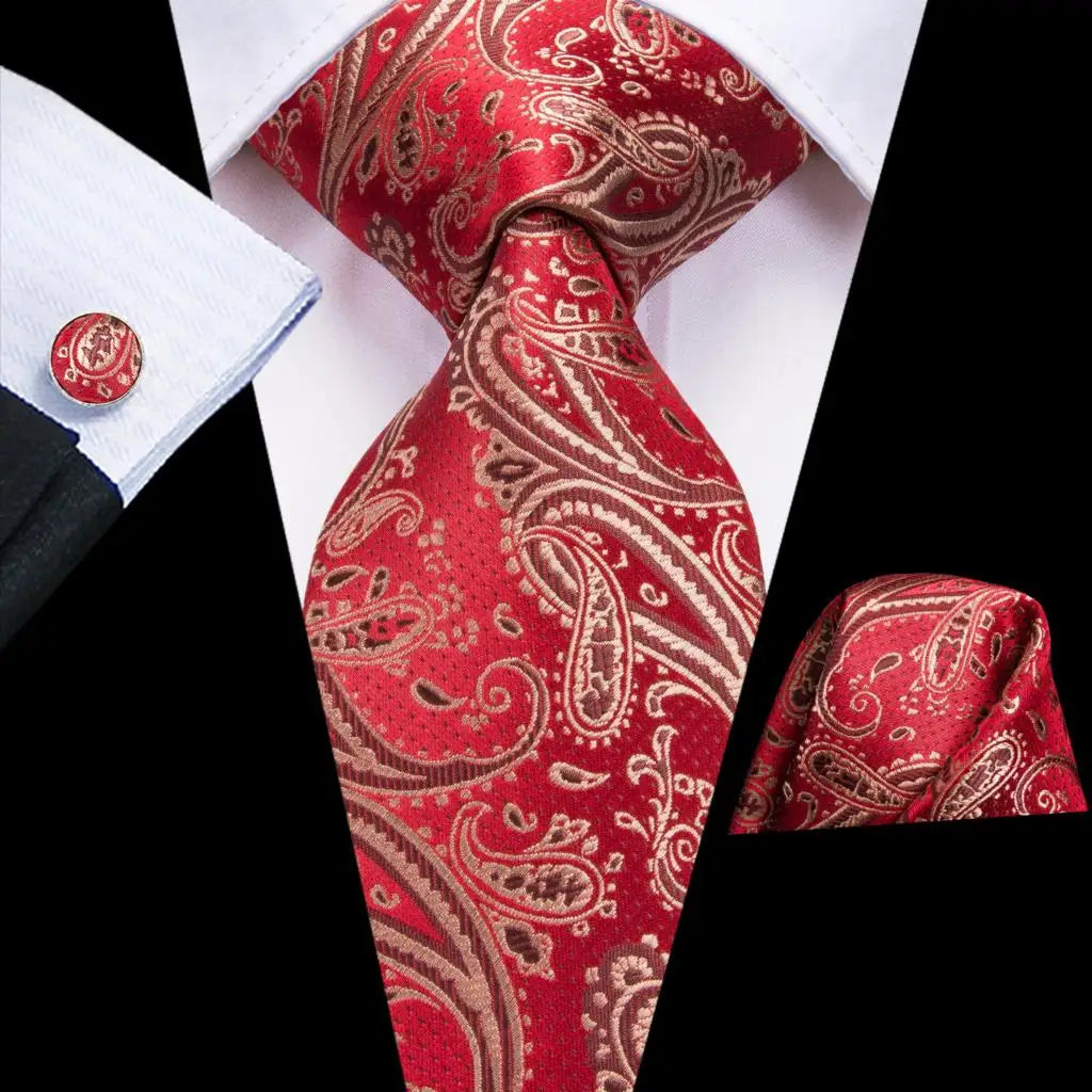 Hi-Tie Red Pureple Paisley Mens Ties Hanky Cufflinks Set Silk Necktie For Men Wedding Party Business 2022 New Fashion Brand