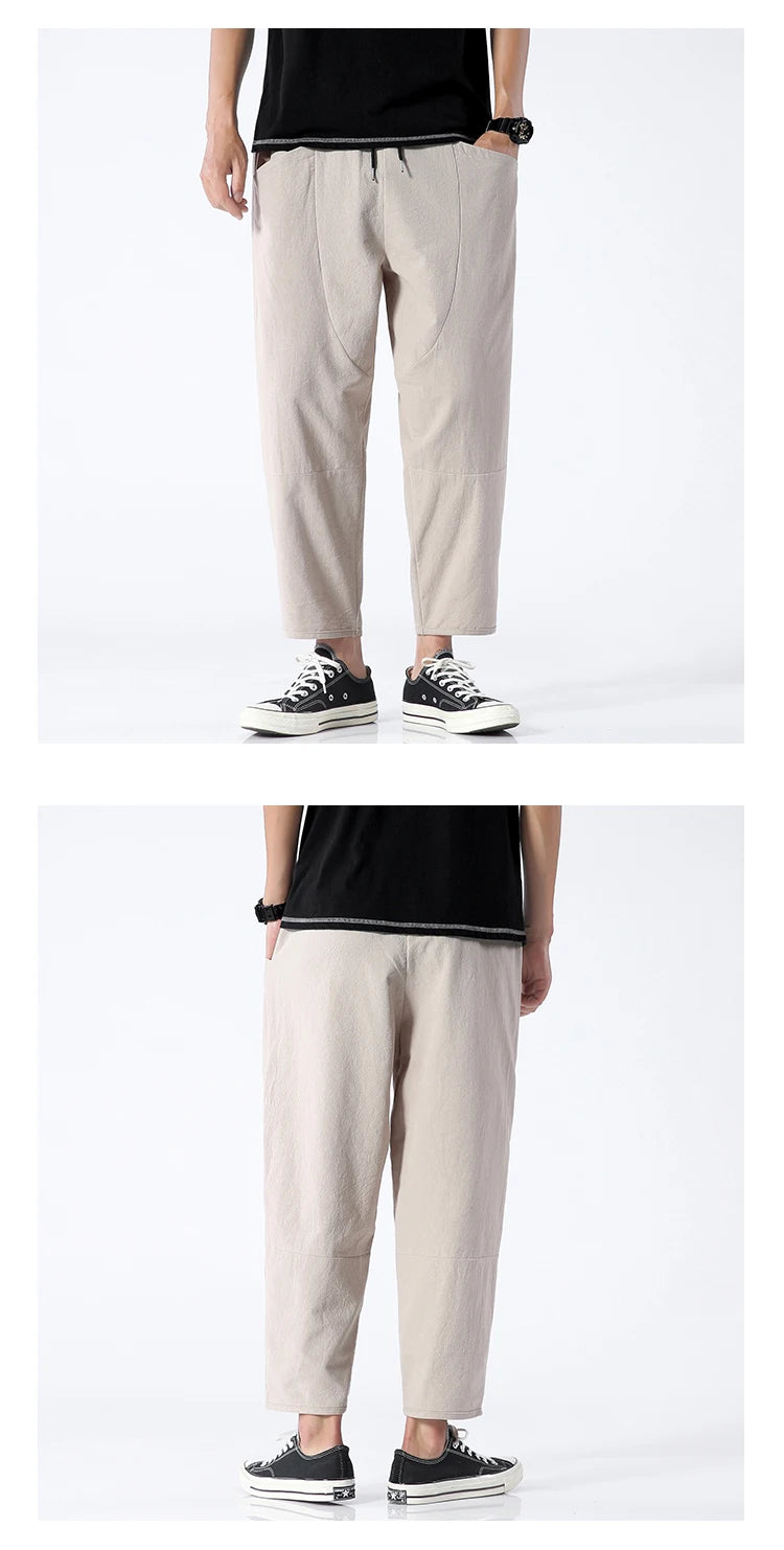 100% Cotton Summer Casual Pants Man Trendy Japanese Cropped Pants Loose Pants Men 5xl