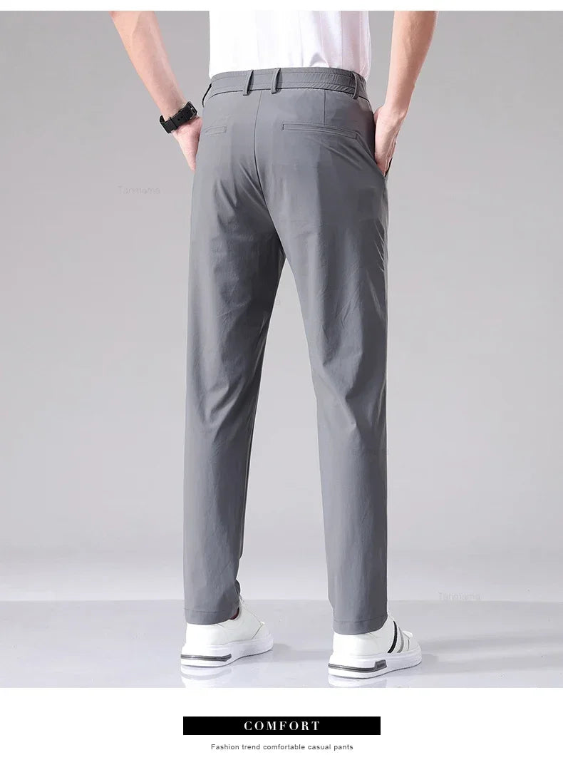 Ultra-thin Elastic Men's Casual Trousers Summer Quick-drying Ice Silk Slim Straight Business Solid Color Trousers Black Gray