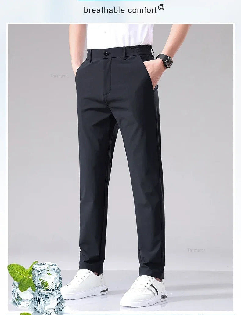 Ultra-thin Elastic Men's Casual Trousers Summer Quick-drying Ice Silk Slim Straight Business Solid Color Trousers Black Gray