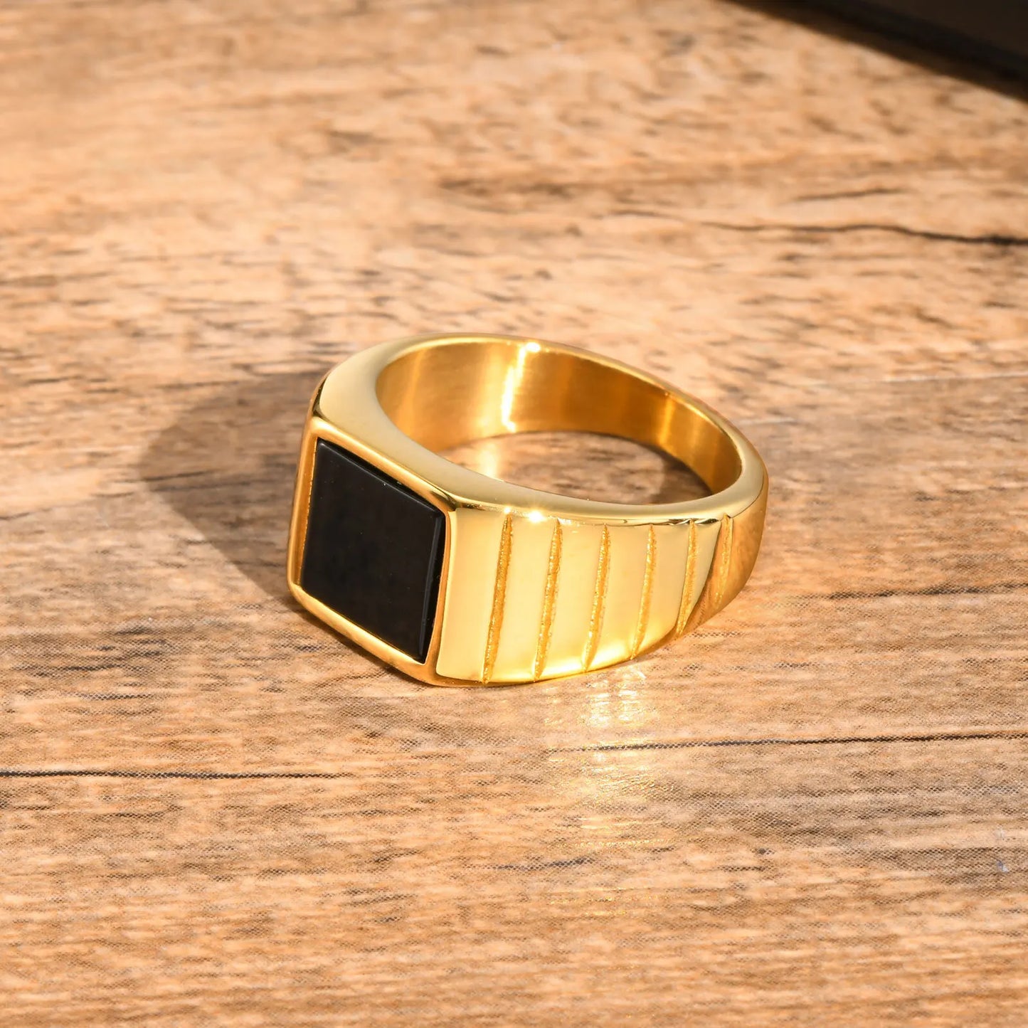 Black Stone Ring for Men,Gold Color Stainless Steel Square Ring Thumb Ring Signet Ring Wedding Ring,Classic Trendy Jewelry Gift