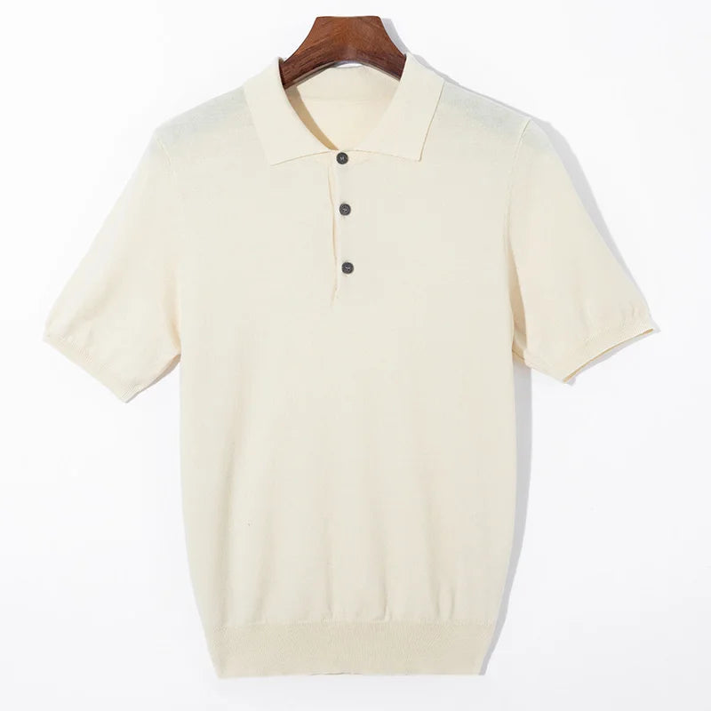 Summer Classic Men Knitwear Silk Wool Blend Sweater Pullover Polo Neck T-Shirt Short Sleeved Cool High-Quality Clothing Tops
