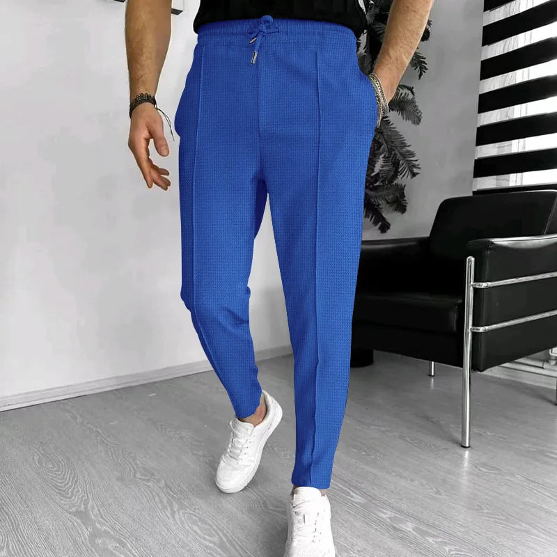 Mens Stylish Waffle Pants - Casual Sports, Slim Fit with Adjustable Drawstring, Secure Pockets for All Seasons - Perfect Outdoor