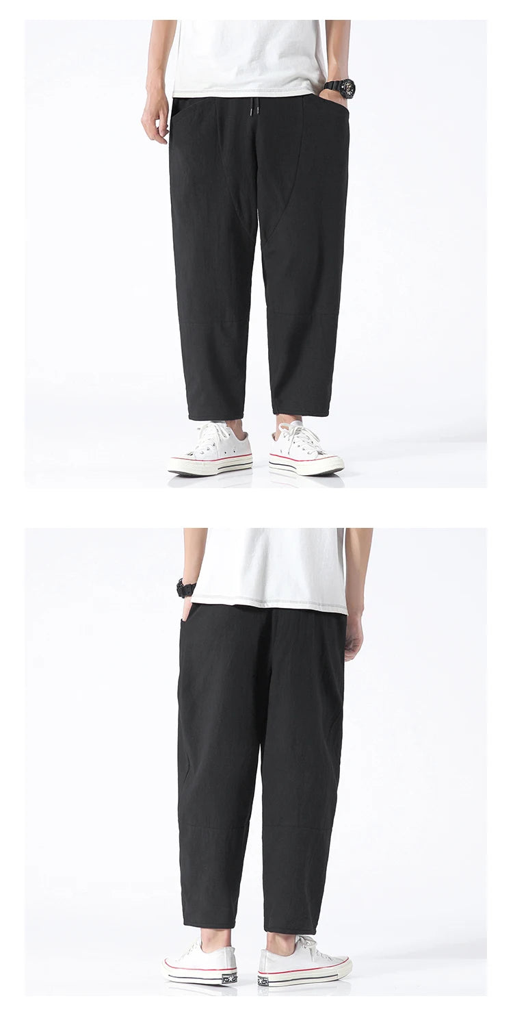 100% Cotton Summer Casual Pants Man Trendy Japanese Cropped Pants Loose Pants Men 5xl