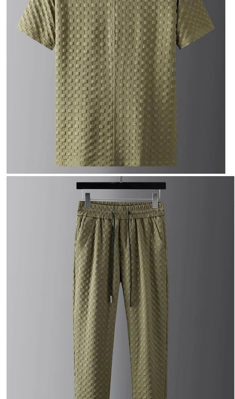 2023 Fashion Men's Two Piece Sets Spring Summer Casual Short Sleeve Shirts Pants Suit Solid Geometry Pattern Printed Outfit Men