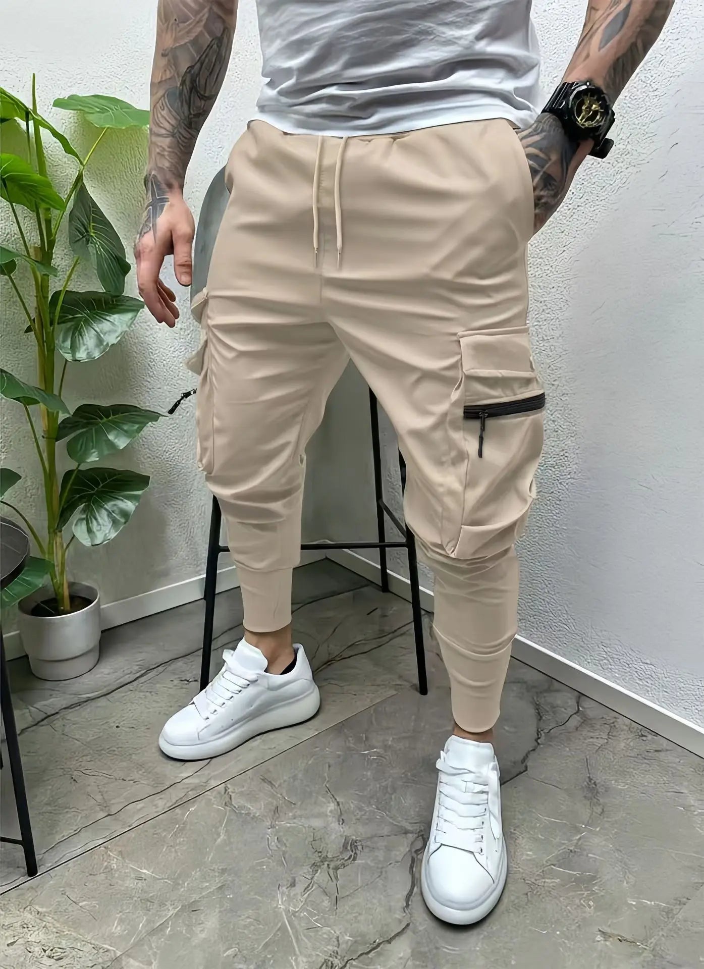 2024 Men's spring and autumn drawstring casual multi-pocket leg slim-fit street overalls outdoor trend pants and fitness pants