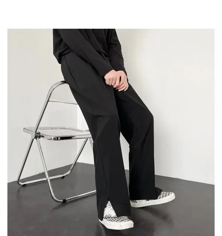 Men's Straight Baggy Casual Pants Korean Slit Personality Suit Trousers Fashion Formal Business Male Streetwear Gray Khaki Black