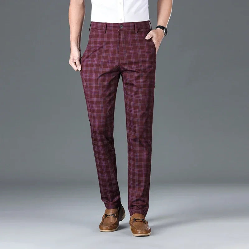 2024 Summer Classic Simple Straight Casual Pants for Men Personalized Checkered Versatile Stretch Business Casual Slim Trousers