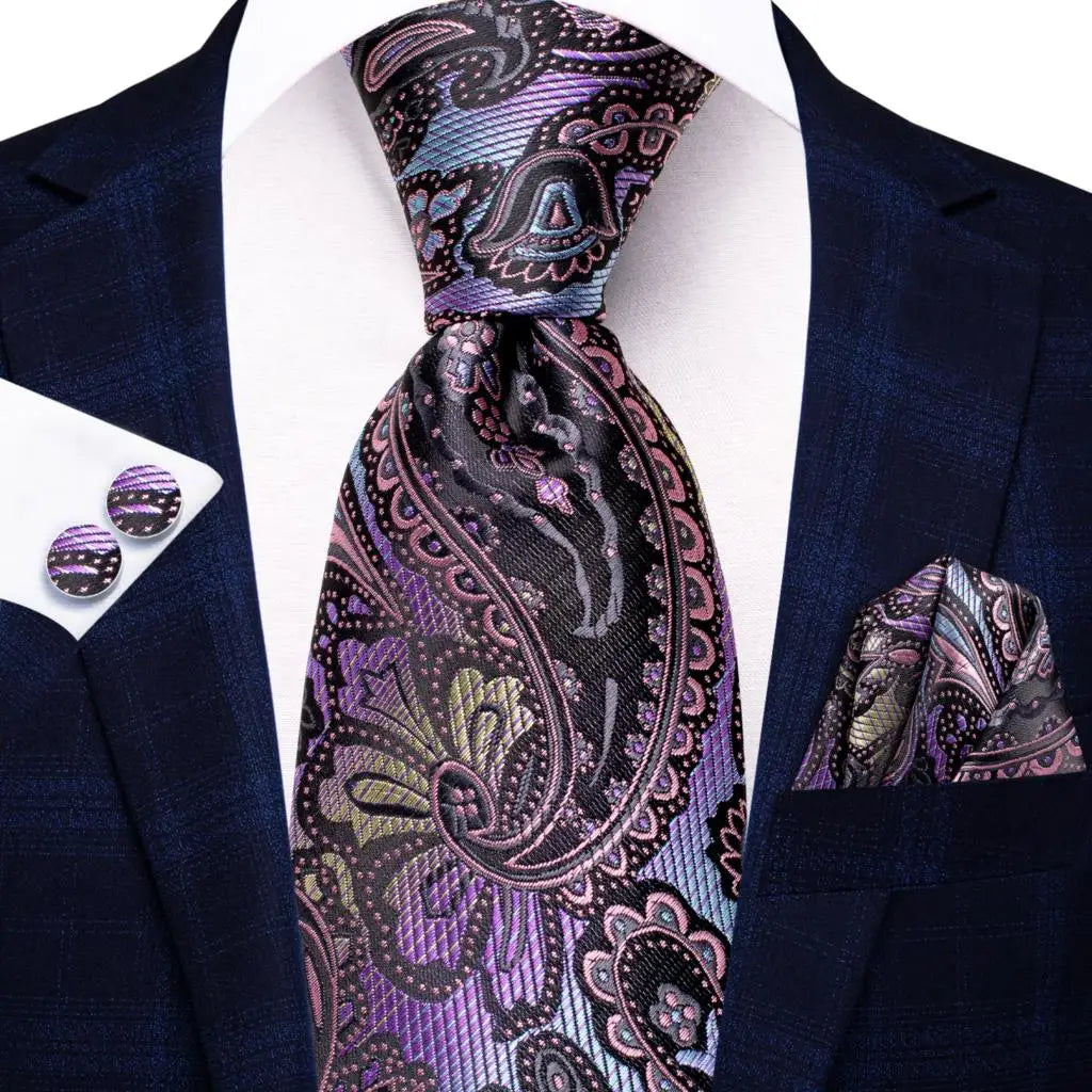 Hi-Tie Red Pureple Paisley Mens Ties Hanky Cufflinks Set Silk Necktie For Men Wedding Party Business 2022 New Fashion Brand