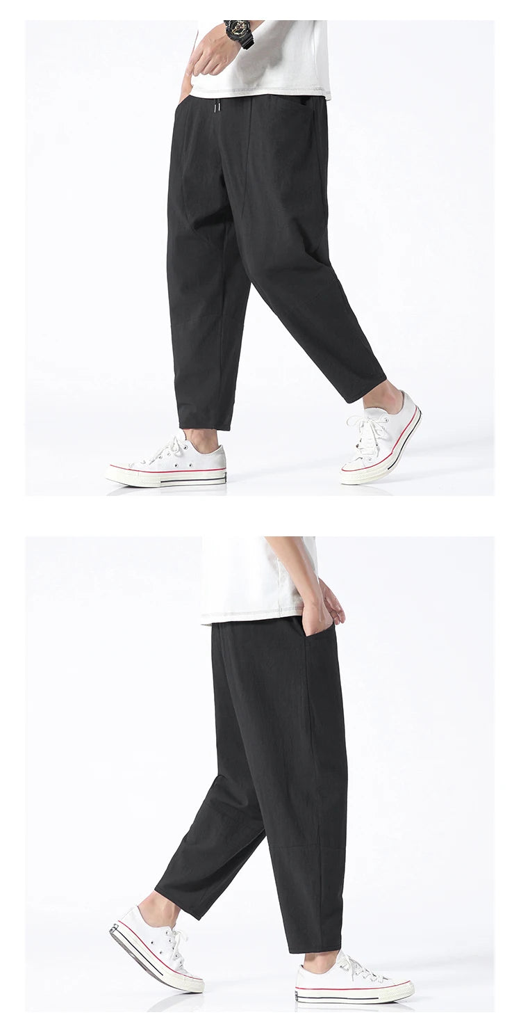100% Cotton Summer Casual Pants Man Trendy Japanese Cropped Pants Loose Pants Men 5xl
