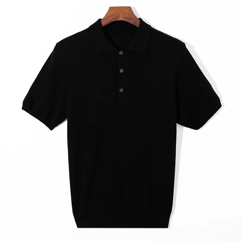 Summer Classic Men Knitwear Silk Wool Blend Sweater Pullover Polo Neck T-Shirt Short Sleeved Cool High-Quality Clothing Tops