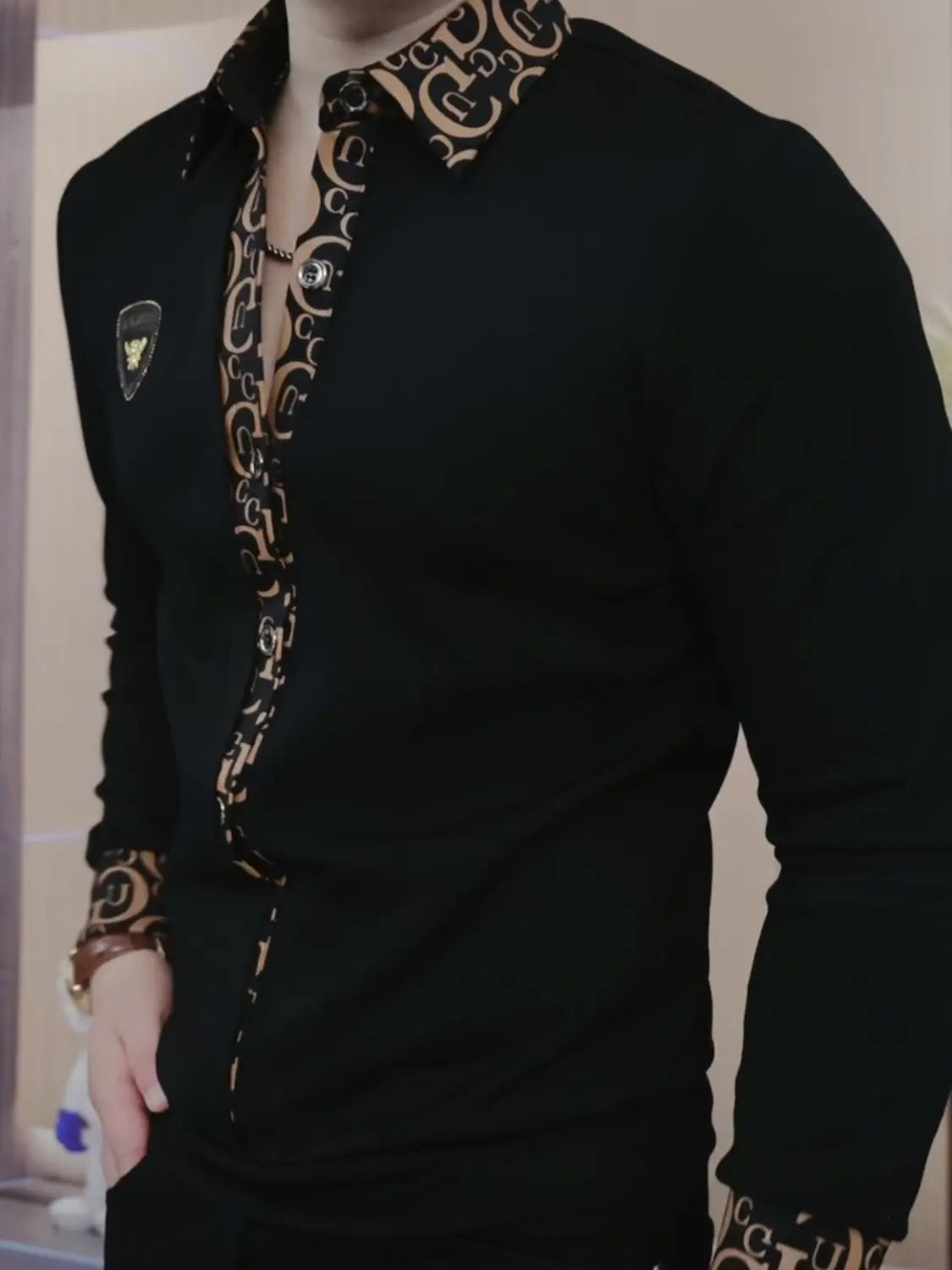 Men's Long Sleeved Light Luxury Business Handsome Lapel Korean Version Fake Two Pieces Youth Trend