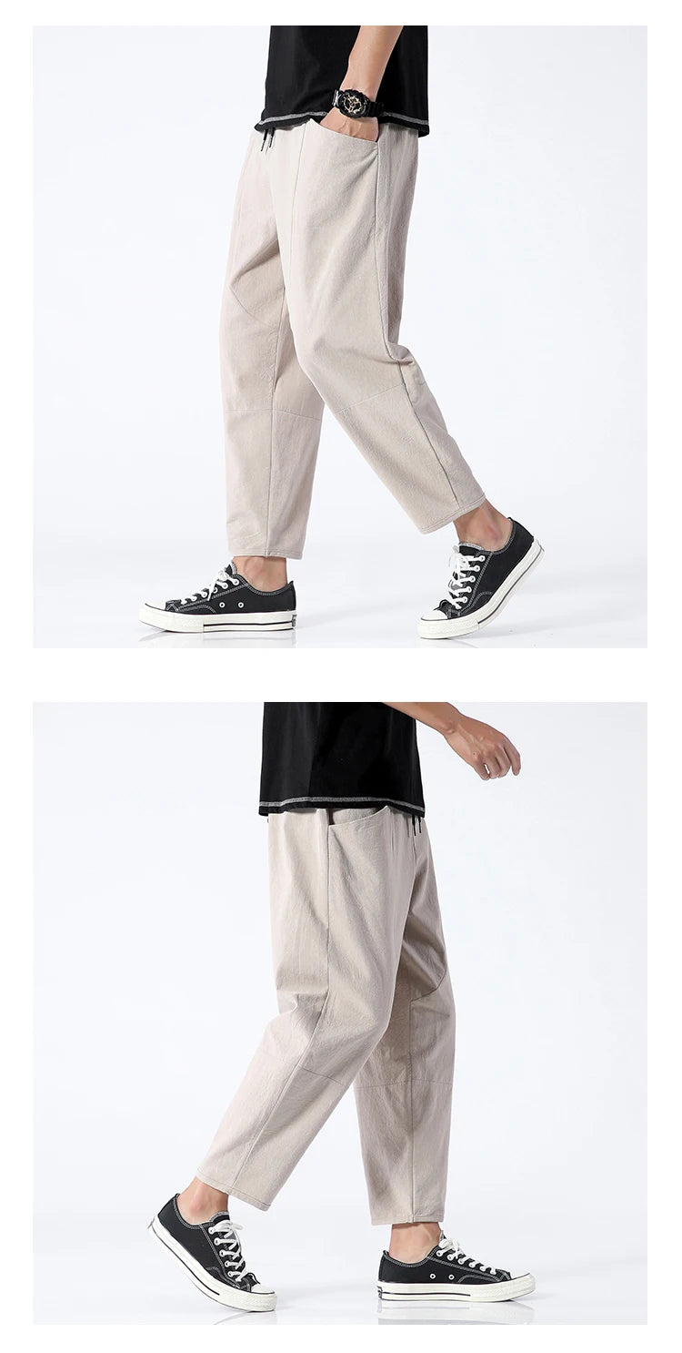 100% Cotton Summer Casual Pants Man Trendy Japanese Cropped Pants Loose Pants Men 5xl