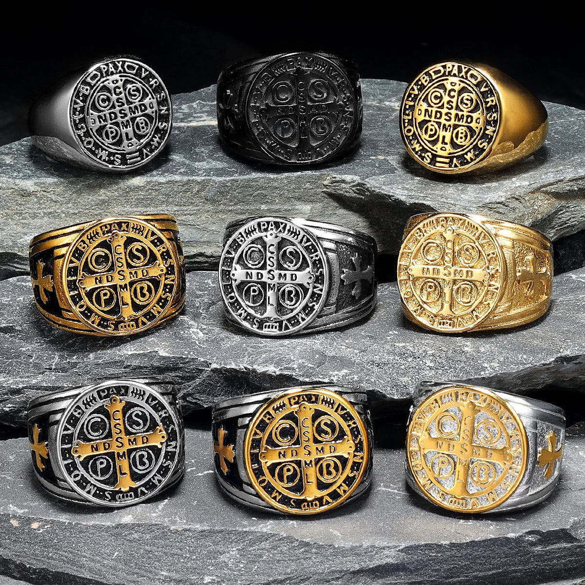 Exorcism Saint Benedict Cspb Cross Men Rings Punk Hip Hop for Boyfriend Male Stainless Steel Jewelry Creativity Gift Wholesale