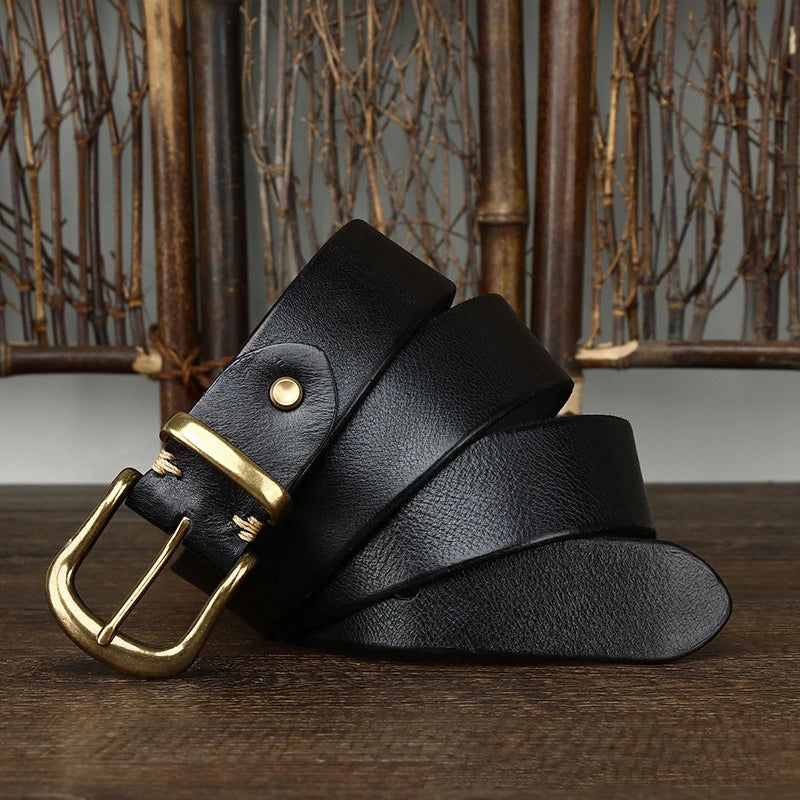 3.8CM  Pure Cowhide Genuine Leather for Men High Quality Jeans Brass Buckle Belts Cowboy Waistband Male Fashion Designer Luxury