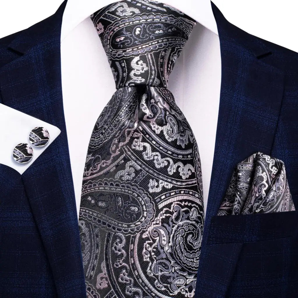 Hi-Tie Red Pureple Paisley Mens Ties Hanky Cufflinks Set Silk Necktie For Men Wedding Party Business 2022 New Fashion Brand