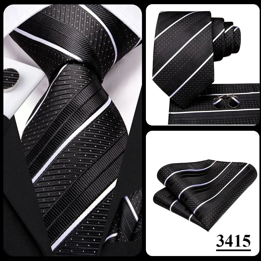Hi-Tie Striped Black Red Gold Green Silk Wedding Tie For Men Handky Cufflink Gift Men Necktie Fashion Designer Business Party