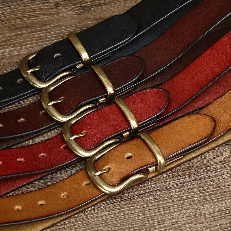 3.8CM  Pure Cowhide Genuine Leather for Men High Quality Jeans Brass Buckle Belts Cowboy Waistband Male Fashion Designer Luxury