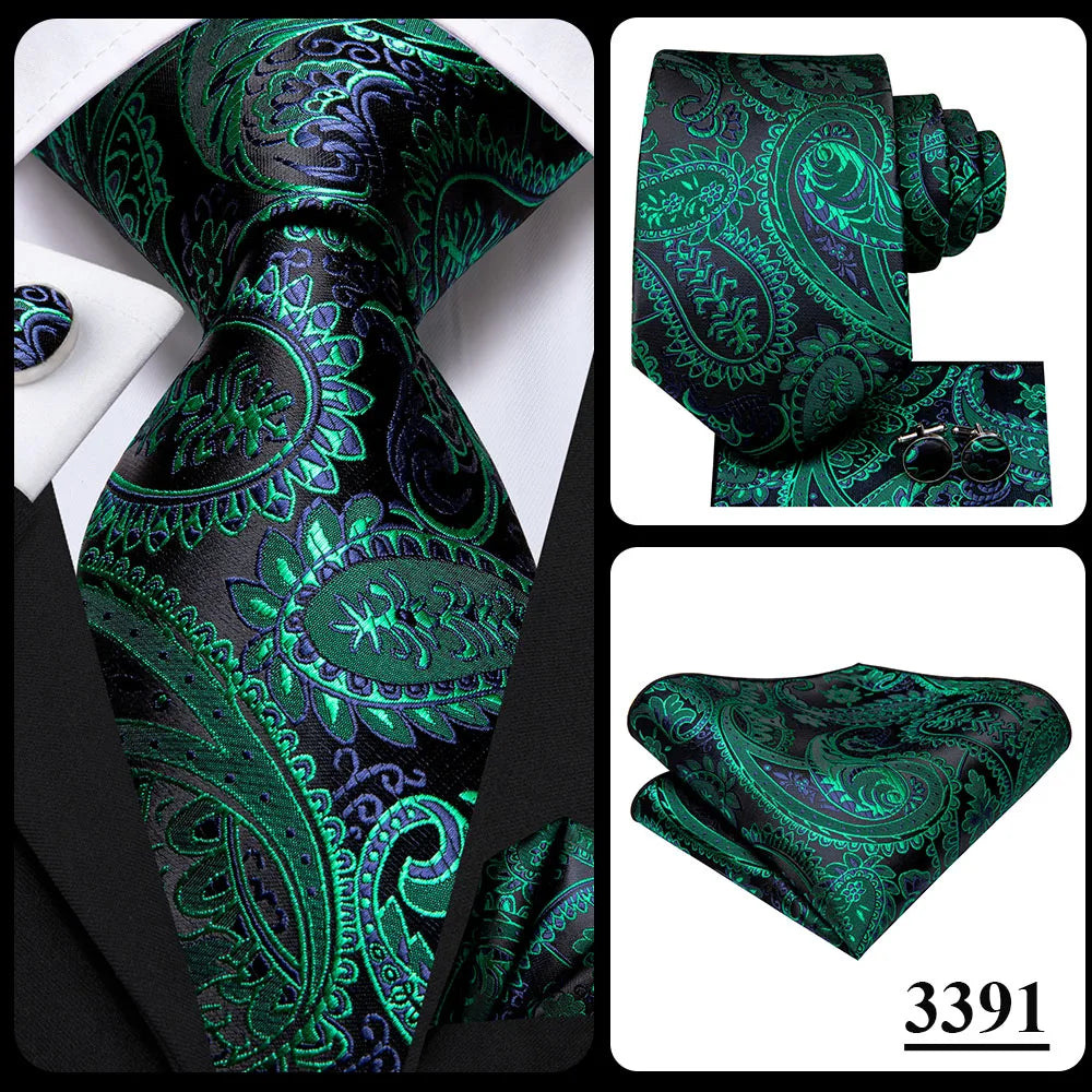 Hi-Tie 100% Silk Luxury Mens Ties Floral Black Gold Ties Paisley NeckTie Pocket Square Cufflinks Set Men's Wedding Party Tie