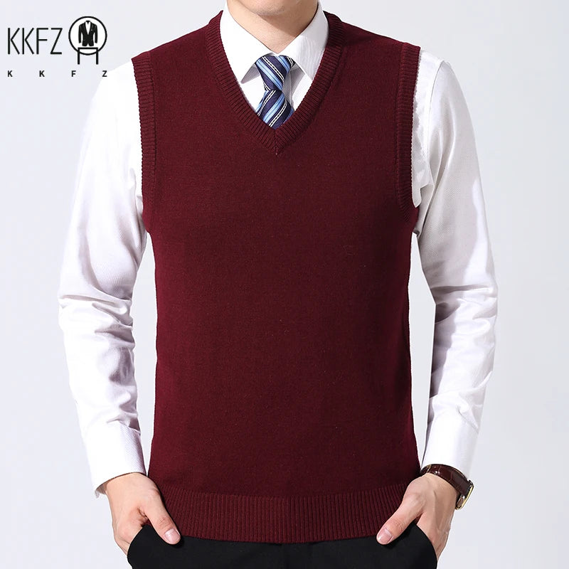 2024 Autumn Winter New Men's Solid Color V-neck Knitted Vest Casual Fashion Warm Sweater Versatile Top