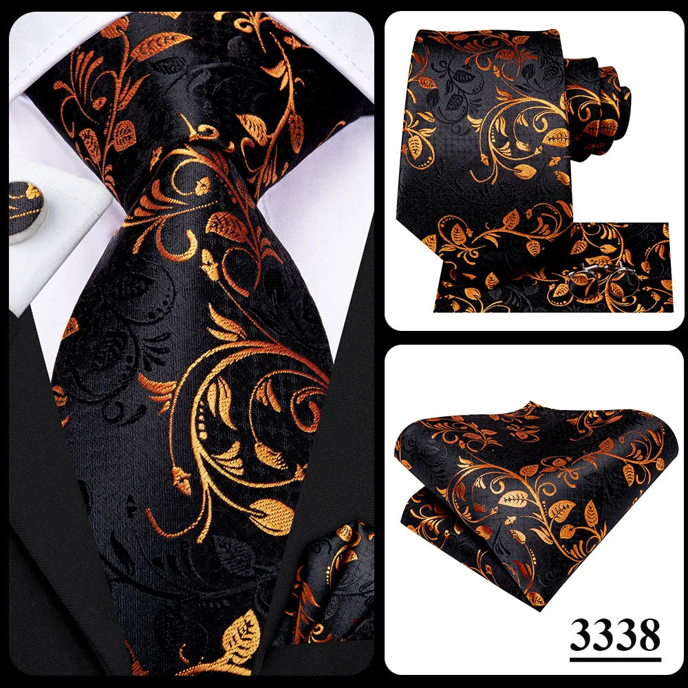 Hi-Tie 100% Silk Luxury Mens Ties Floral Black Gold Ties Paisley NeckTie Pocket Square Cufflinks Set Men's Wedding Party Tie