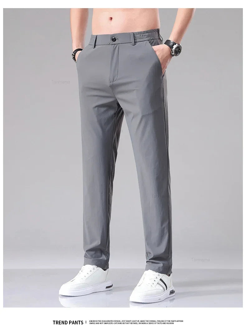 Ultra-thin Elastic Men's Casual Trousers Summer Quick-drying Ice Silk Slim Straight Business Solid Color Trousers Black Gray